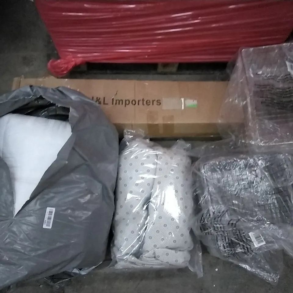 PALLET OF ASSORTED ITEMS INCLUDING FABIAN CLARKE PHOTO FRAMES, M DESIGN WIRE BASKET16"X12"X6", AIR COOLER, OYIMUA SOFT FLUFFY SHAGGY RUGS, POKEMON PIKACHU POSTER