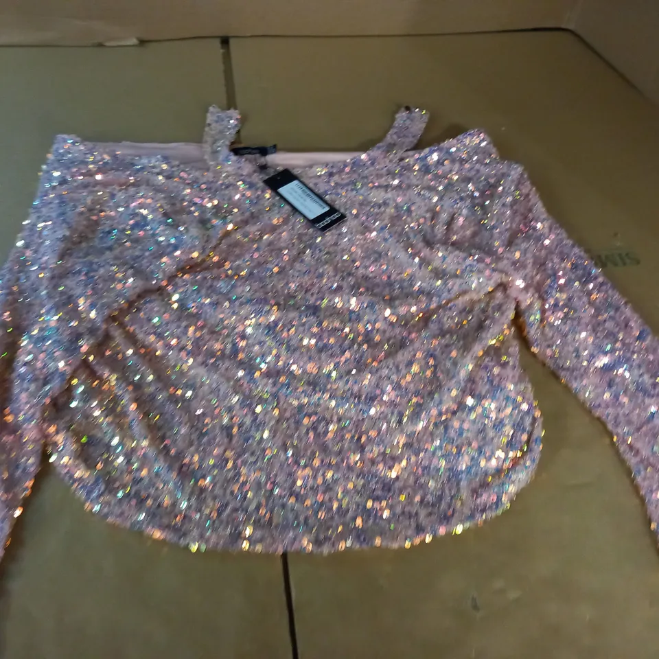 BOOHOO COWL BACK LONG SLEEVE SEQUIN BLOUSE - UK 14