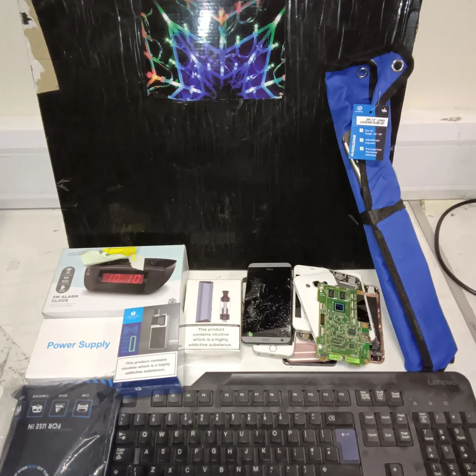LOT OF APPROXIMATELY 15 ASSORTED ITEMS TO INCLUDE SEALED LOST VAPE QUEST, FM ALARM CLOCK, LOCKING PLIER SET AND DAMAGED PHONE PARTS