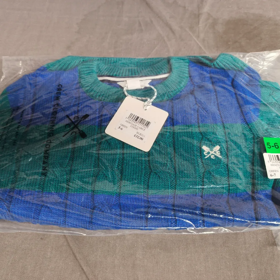 HERITAGE CABLE STRIPE KNIT JUMPER – GREEN/BLUE, KIDS 6-7 UK 