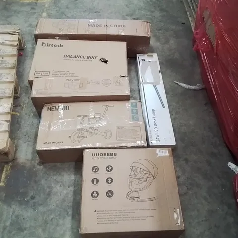 PALLET CONTAINING ASSORTED PRODUCTS INCLUDING: AUTO SWING CHAIR, BALANCE BIKE, KIDS TRICYCLE, PLAYPENS, 24W LED DESK LAMP ECT
