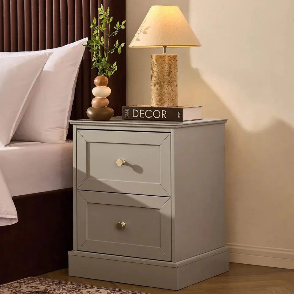 BOXED DUSK RUBY 2 DRAWER BEDSIDE TABLE - TAUPE (1 BOX)