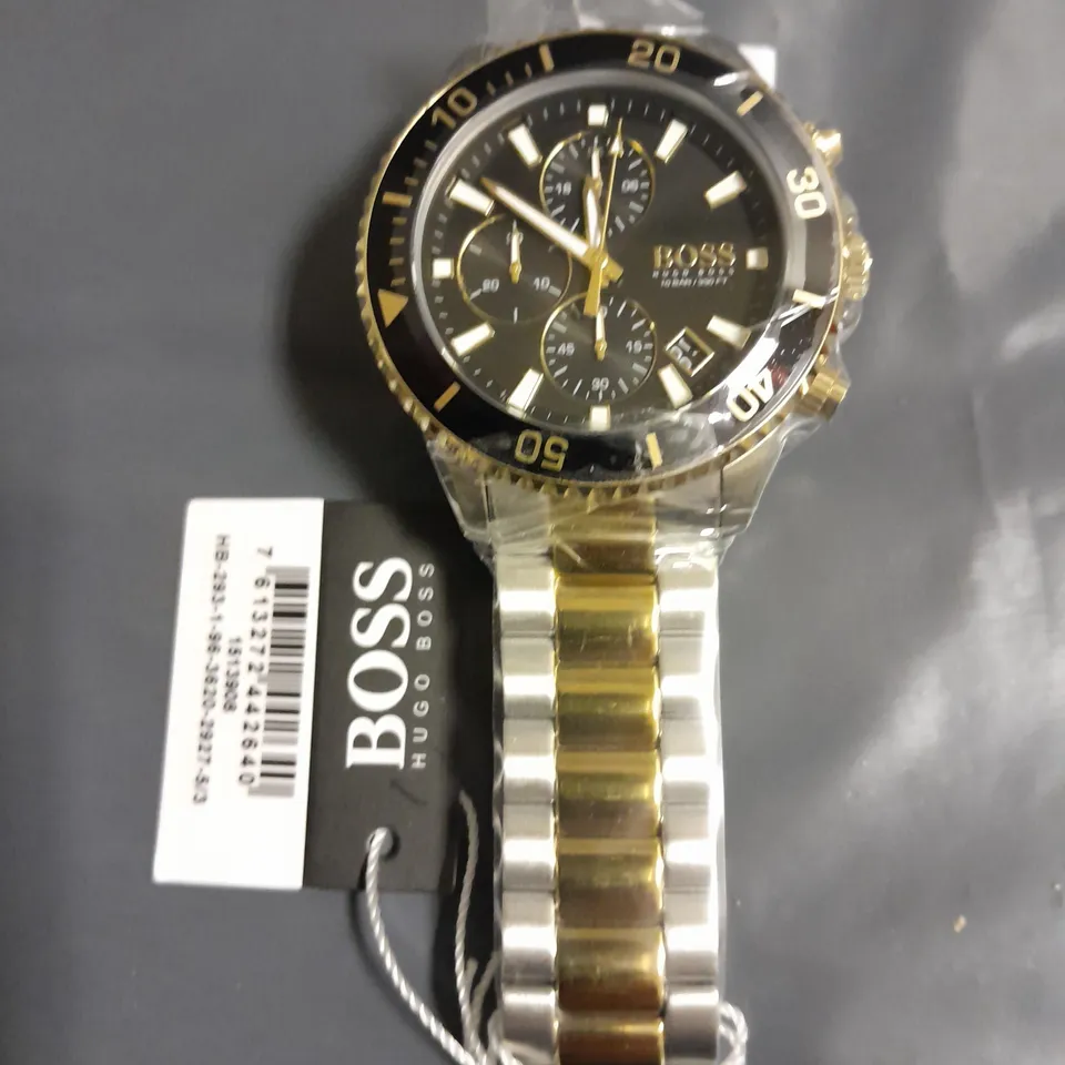 UNBOXED HUGO BOSS ALL STAINLESS STEEL GENTS WATCH WITH BLACK FACE AND GOLD DETAIL