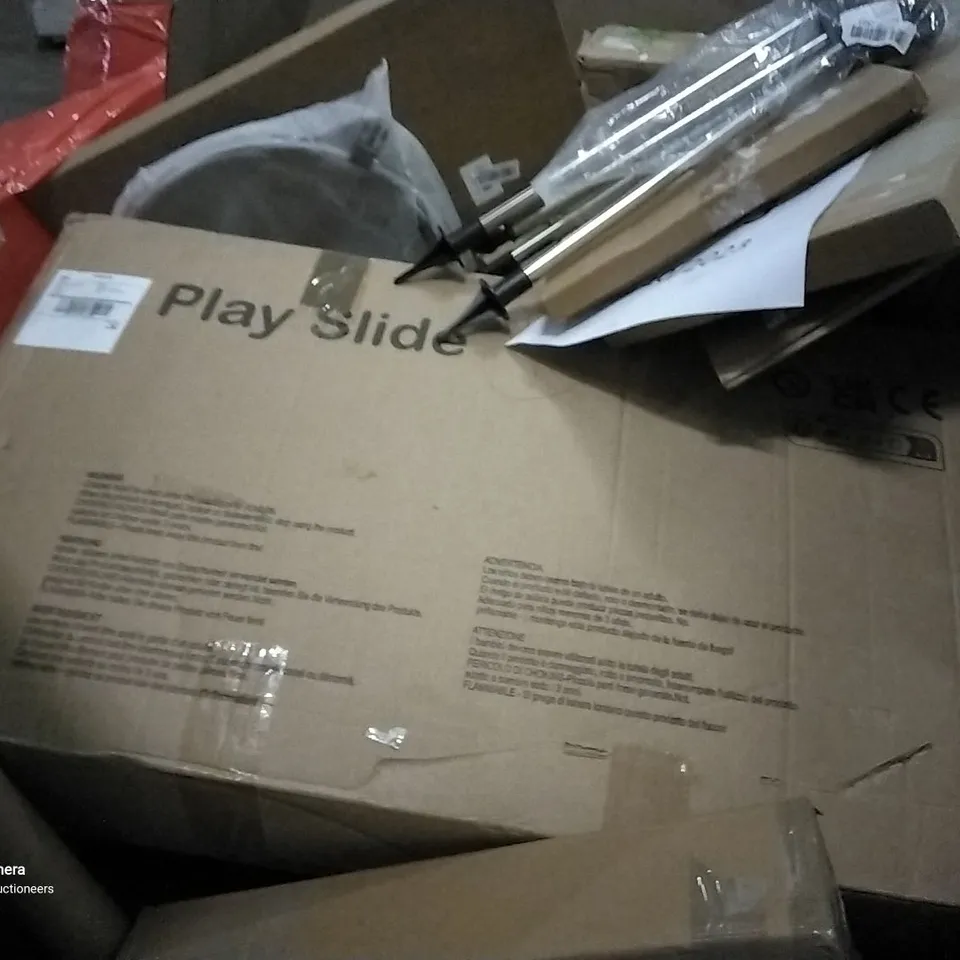 PALLET OF ASSORTED ITEMS INCLUDING CASA CHIC PHOTO FRAME, ERGONOMIC LAPTOP DESK, CURTAIN ROD, ROLLER BLIND, KIDS METAL DETECTOR TOY SET, PLAY SLIDE