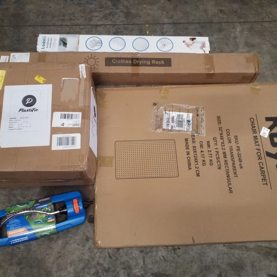 PALLET CONTAINING ASSORTED PRODUCTS INCLUDING CHAIR MAT FOR CARPETS, OSCILLATING SPRINKLER, CAT TREE, CLOTHES DRYING RACK & RETRACTABLE SAFTEY GATE 