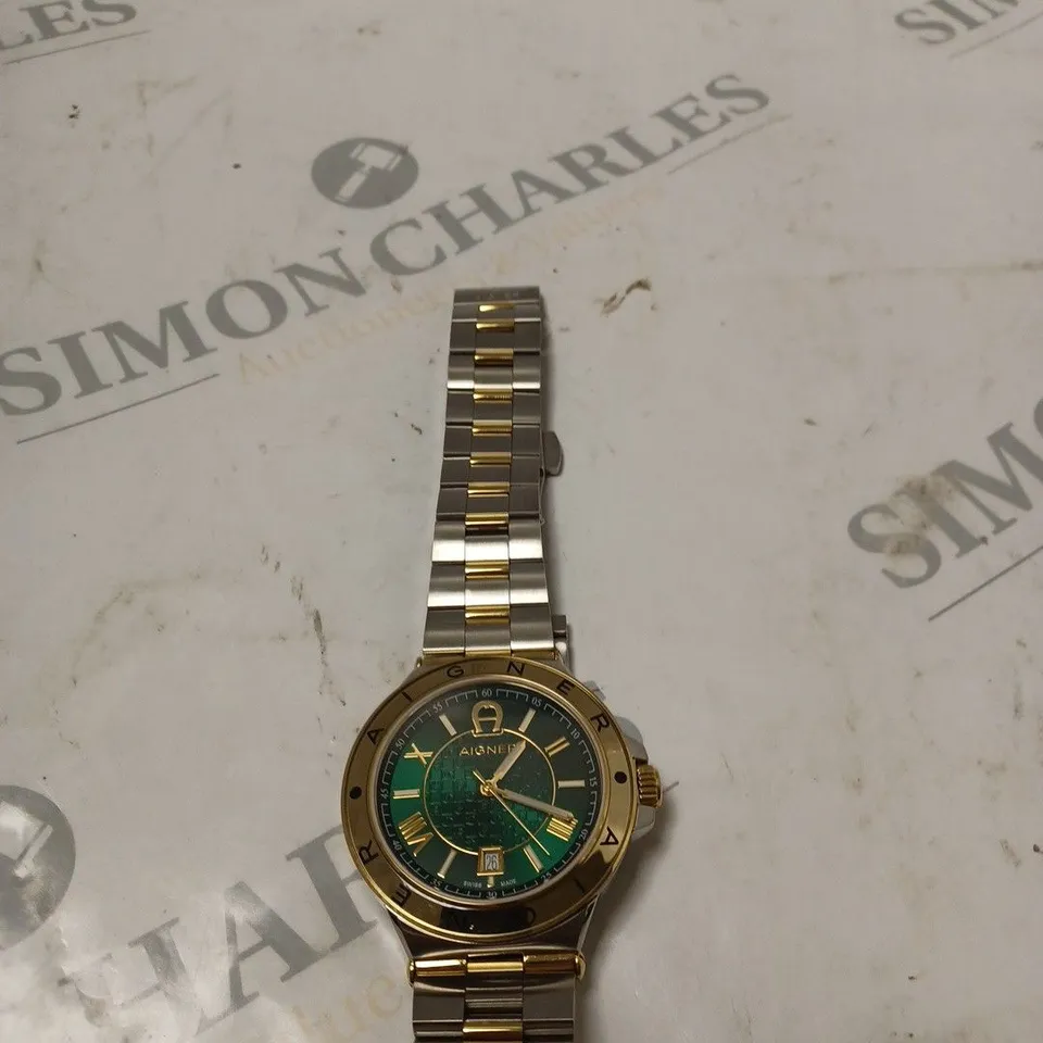 UNBOXED AIGNER STAINLESS STEEL GREEN/SILVER/GOLD WATCH 
