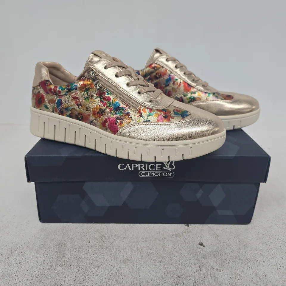BOXED PAIR OF CAPRICE TRAINERS IN METALLIC ROSE GOLD/FLORAL SIZE UK 7.5