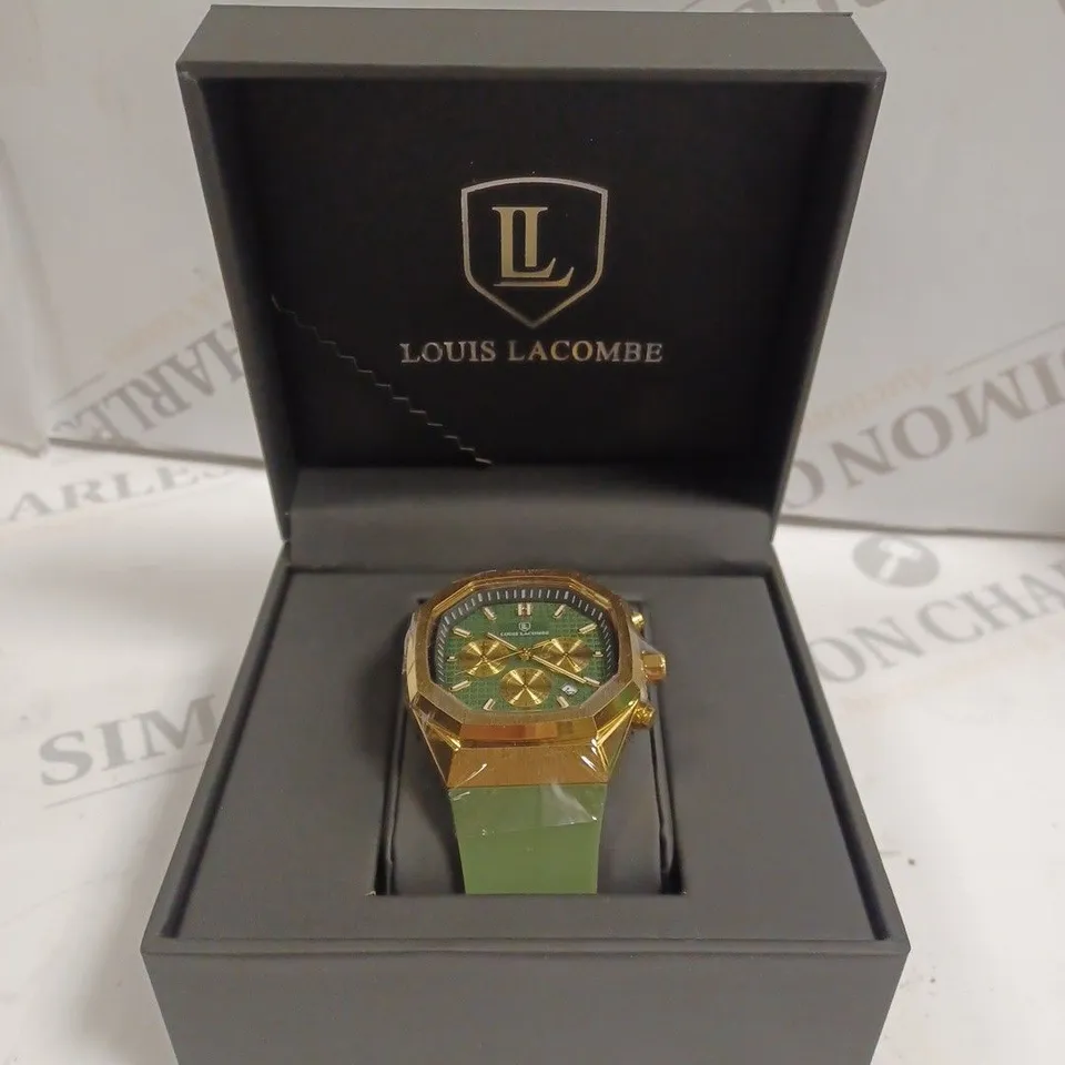 MENS LOUIS LACOMBE CHRONGRAPH WATCH – 3 SUB DIALS – GOLD COLOUR CASE – GREEN RUBBER STRAP