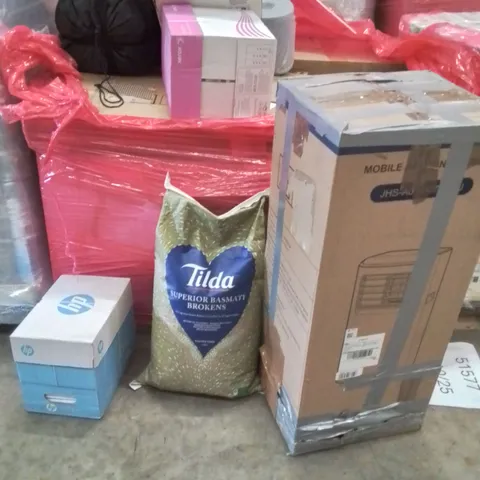 PALLET OF ASSORTED HOUSEHOLD PRODUCTS AND ITEMS TO INCLUDE; MOBILE AIR CONDITIONER,TILDA 20KG OF RICE,HP PAPER