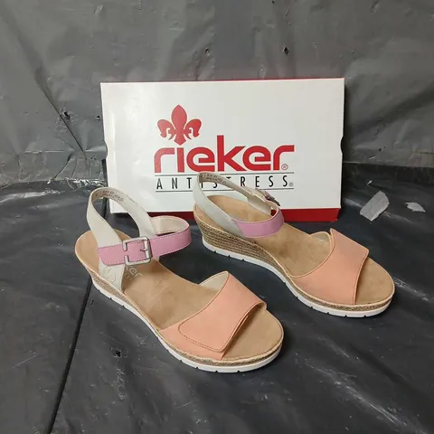 BOXED PAIR OF RIEKER ANKLE STRAP SANDALS PINK/ORANGE SIZE 41