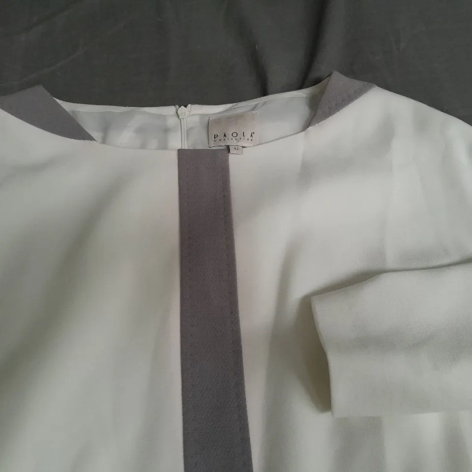 PAOLA COLLECTION BOAT NECK SLEEVED DRESS IN WHITE WITH GREY TRIM - 42
