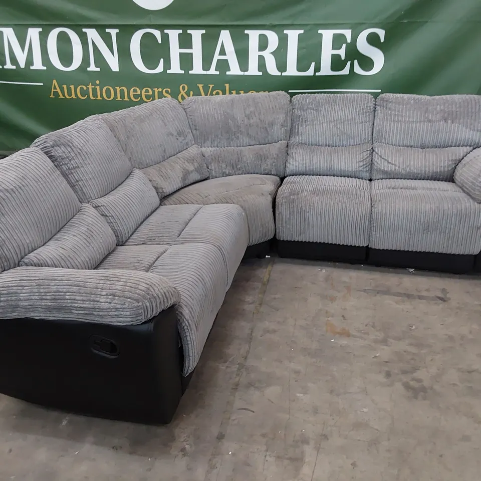 DESIGNER MANUAL END RECLINING CORNER GROUP BLACK FAUX LEATHER & GTEY JUMBO CHORD 