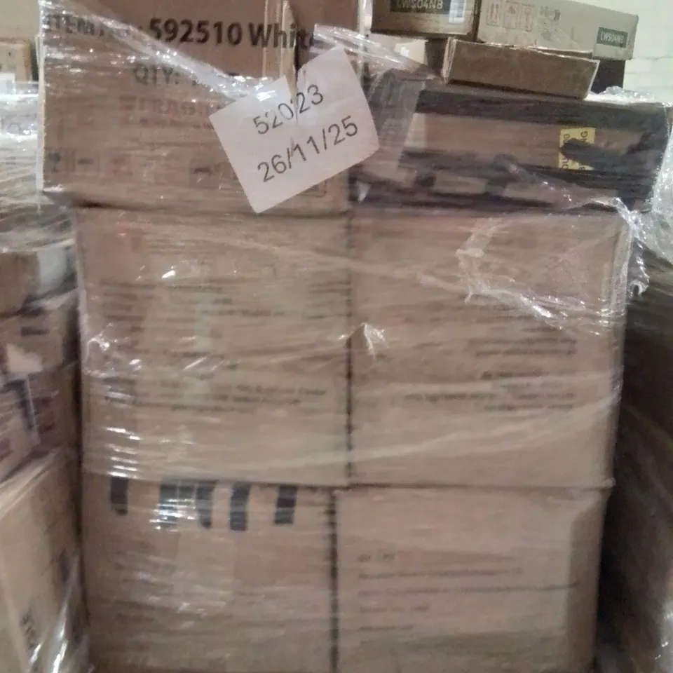 PALLET OF ASSORTED HOUSEHOLD GOODS AND PRODUCTS TO INCLUDE;OFFICE CHAIR,CORNER BRACKET,WALL SHELF