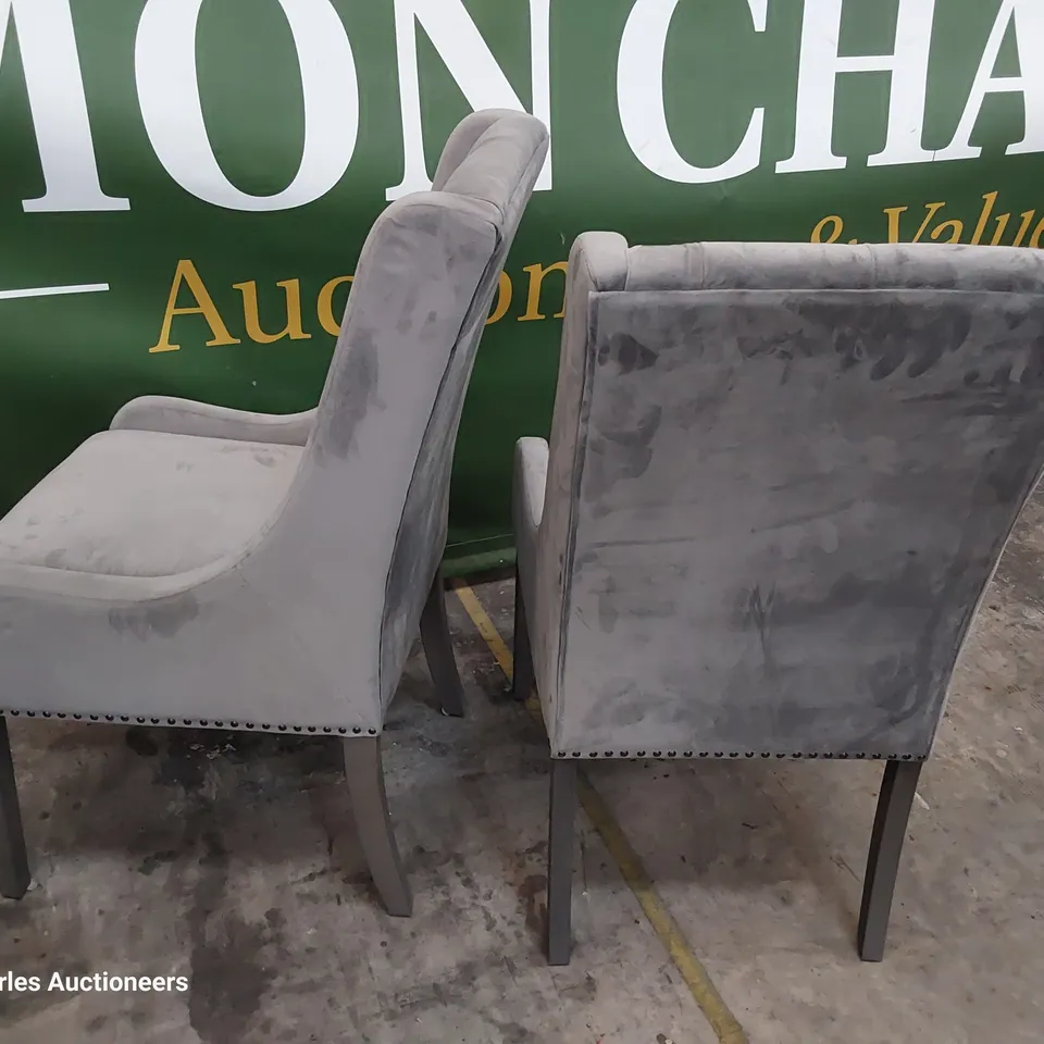 PAIR OF DESIGNER UPHOLSTERED MINK PLUSH FABRIC DINING CHAIRS WITH STUDDED DETAIL ON SILVERED LEGS