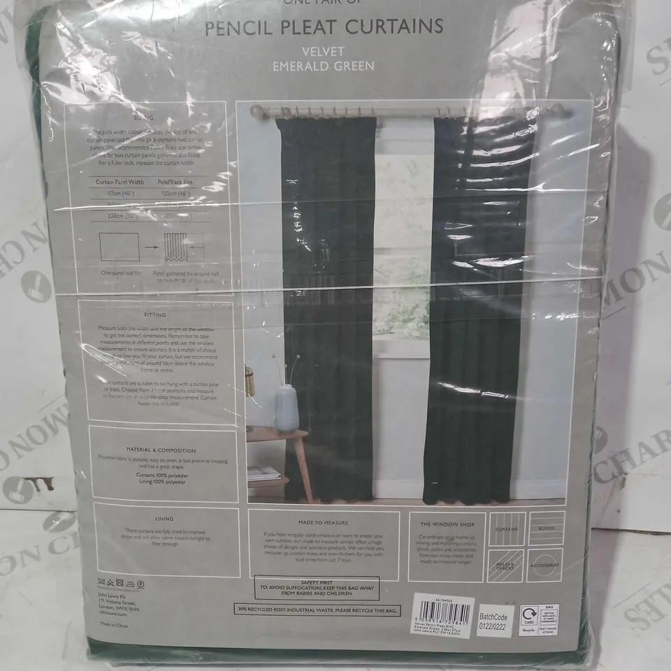 JOHN LEWIS PAIR OF PENCIL PLEAT CURTAINS VELVET EMERALD GREEN