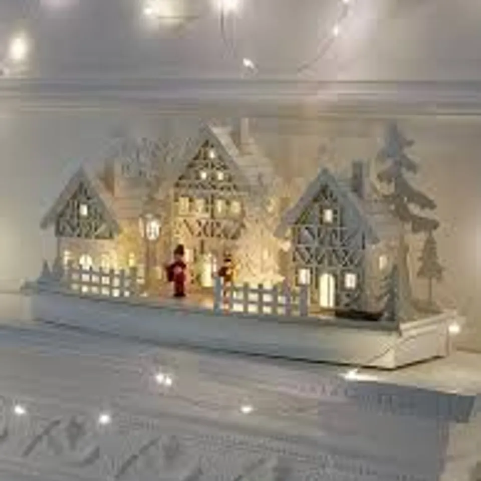 CHRISTMAS WHITE WOOD LIT VILLAGE SCENE