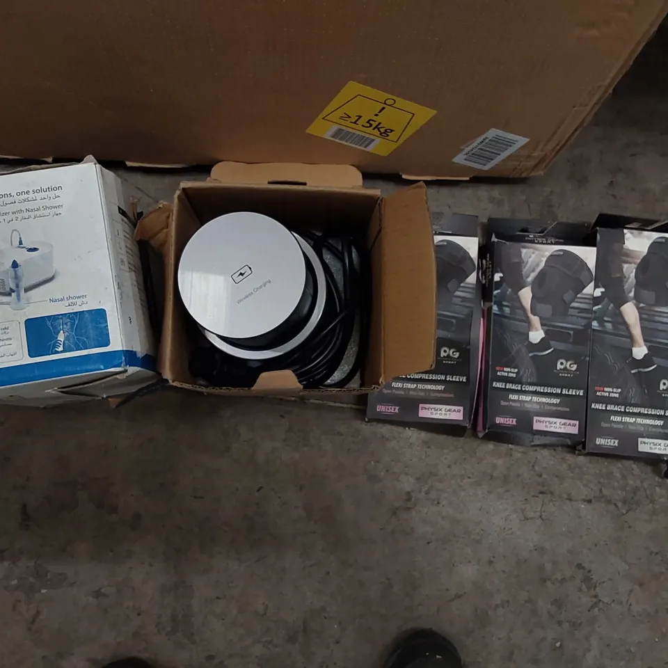 PALLET OF ASSORTED ITEMS INCLUDING: SAMSUNG 43" QE34L 'THE FRAME', BONSAII PAPER SHREDDER, POP UP WIRELESS CHARGER/SOCKET, 2-IN-1 NEBULIZER WITH NASAL SHOWER, KNEE BRACE COMPRESSION SLEEVES ECT