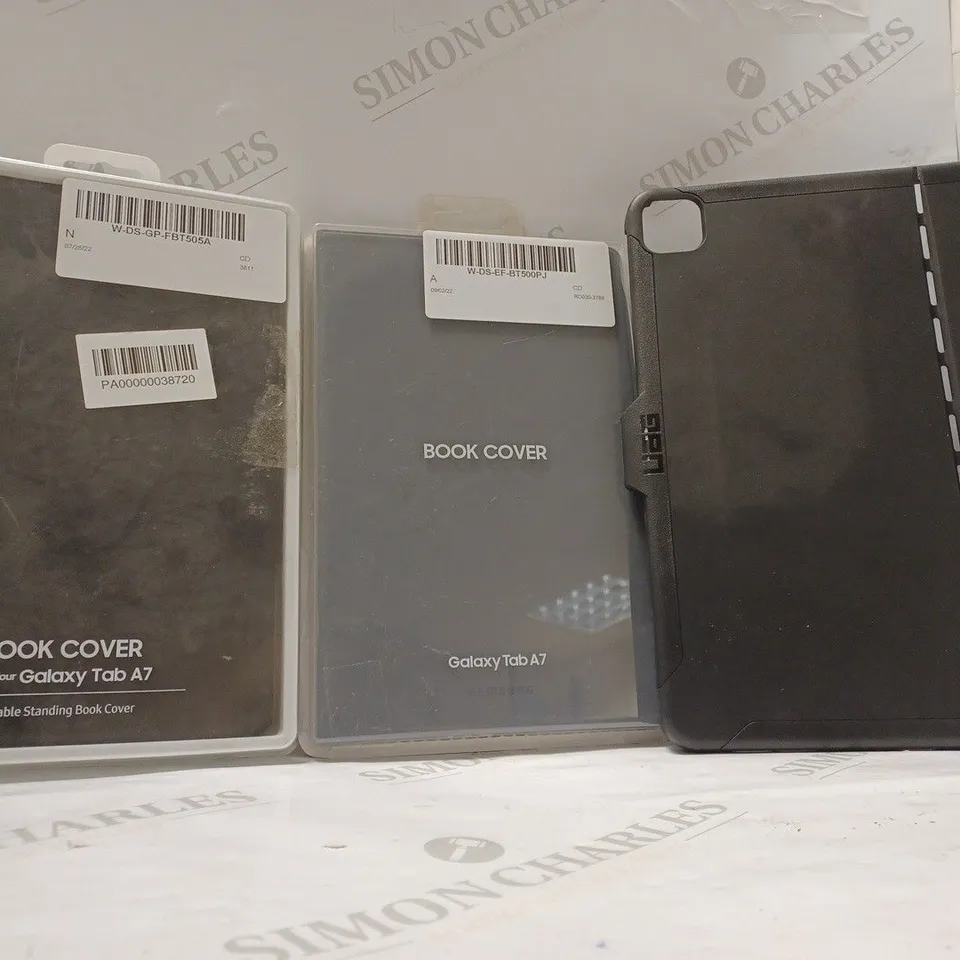BOX OF APPROX 15 ASSORTED TABLET CASES TO INCLUDE - SAMSUNG GALAXY TAB A7 BOOK COVER IN GREY - ANYMODE SAMSUNG GALAXY TAB A7 BOOK COVER - UAG IPAD PRO 12.9 INCH CASES ECT