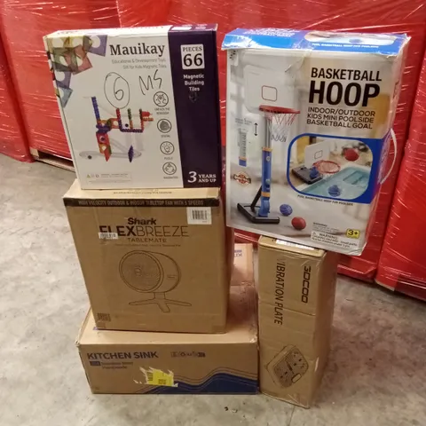 PALLET OF ASSORTED HOUSEHOLD GOODS AND PRODUCTS TO INCLUDE; CHEST OF DRAWERS, KIDS TOYS, VIBRATION PLATES, KITCHEN SINK, TABLETOP FAN ETC