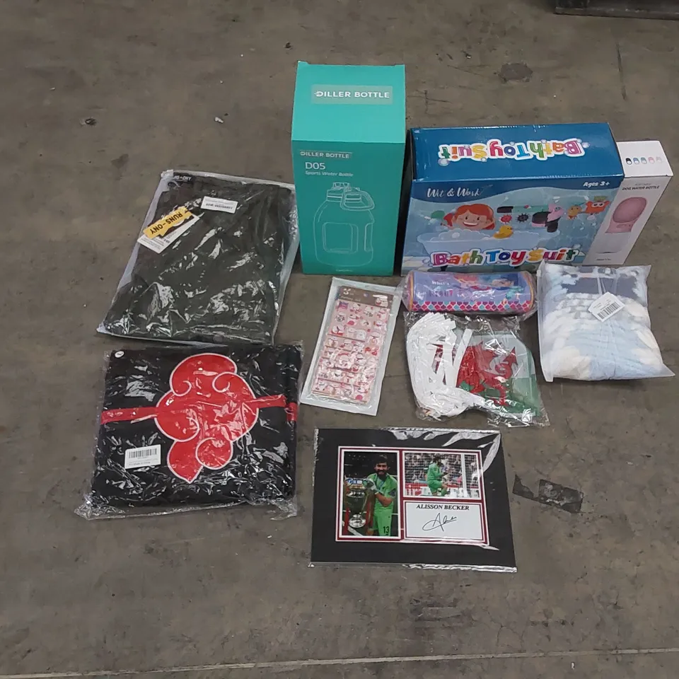 PALLET CONTAINING ASSORTED HOUSEHOLD PRODUCTS. INCLUDES WATER BOTTLES, CLOTHES, STICKERS, MEMORABILIA ETC