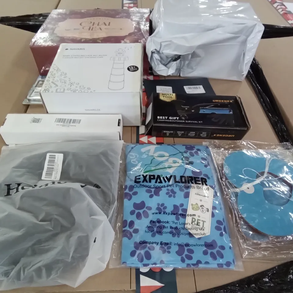 PALLET OF ASSORTED ITEMS INCLUDING CHRISTMAS DECORATIONS, PET BIRTHDAY DECORATIONS, CAMPING SURVIVAL KIT, VAHDAM CHAI TEA SET, MENS WINTER BEANIE