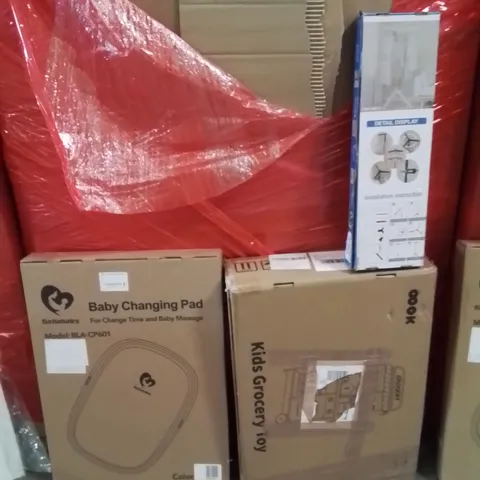 PALLET OF ASSORTED HOUSEHOLD GOODS AND PRODUCTS TO INCLUDE;BABY CHANGING PAD,KIDD GROCERY TOY,CLOTHES AIRER