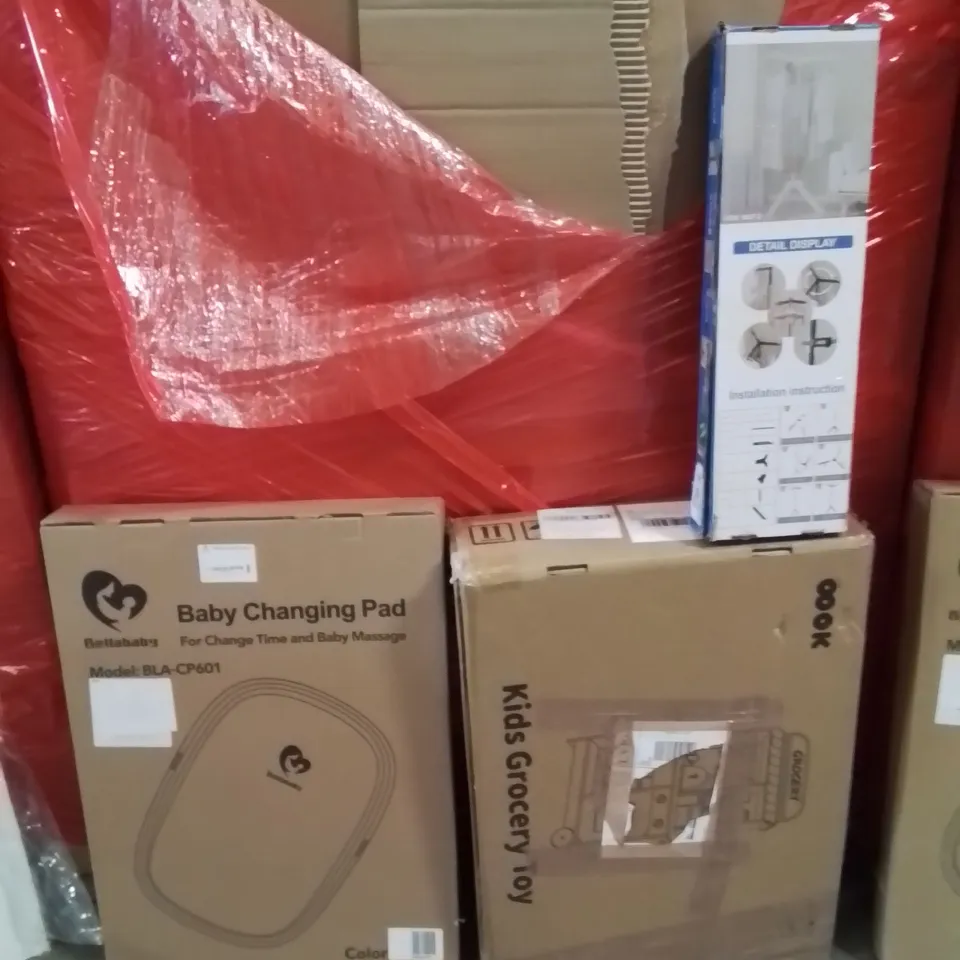 PALLET OF ASSORTED HOUSEHOLD GOODS AND PRODUCTS TO INCLUDE;BABY CHANGING PAD,KIDD GROCERY TOY,CLOTHES AIRER