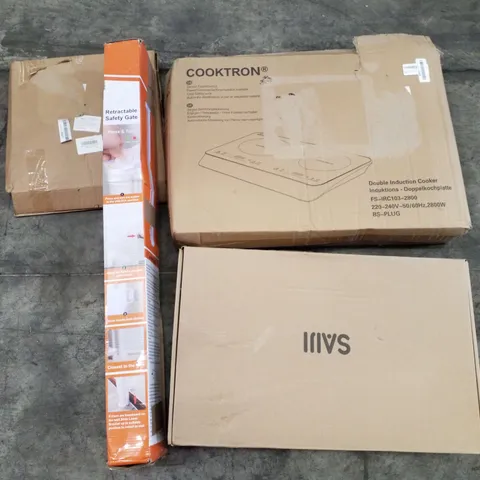 PALLET OF ASSORTED PRODUCTS INCLUDING DOUBLE INDUCTION COOKER, RETRACTABLE SAFETY GATE, LAPTOP TRAY, MICROWAVEABLE GLASS PLATE