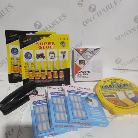 BOX OF APPROXIMATELY 15 ASSORTED ITEMS TO INCLUDE - SUPER GLUE, WALL MOUNT, CAT MATE FILTER CARTRIDGES ETC