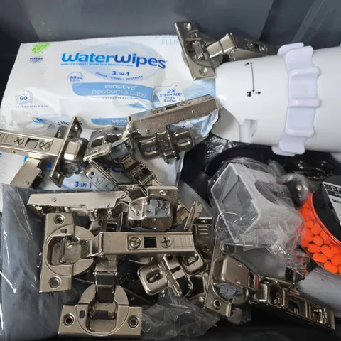 APPROXIMATELY 15 ASSORTED HOUSEHOLD ITEMS TO INCLUDE HINGES, WATERWIPES, D PRESTON PROTOTYPE FISH ACCELERANT COATED WAFTERS, ETC