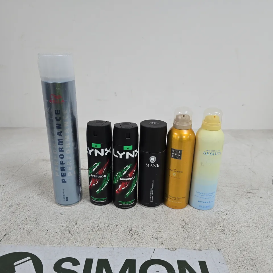 TOTE OF APPROXIMATELY 15 ASSORTED AEROSOL PRODUCTS TO INCLUDE LYNX, MANE, RITUALS..., WELLA PROFESSIONALS ETC