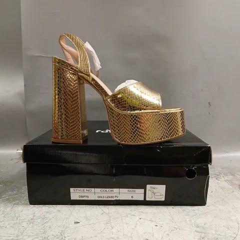BOXED PAIR OF KOI OPEN TOE PLATFORM BLOCK HEEL SANDALS IN GOLD LIZARD SIZE UK 6