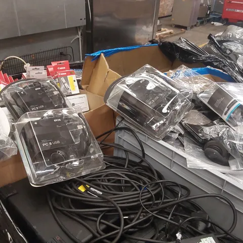 PALLET CONTAINING A LARGE ASSORTMENT OF OFFICE SUPPLIES INCLUDING: HEADSETS, ASSORTED WIRES/POWER CABLES, CANON/HP INK CARTRIDGES ECT
