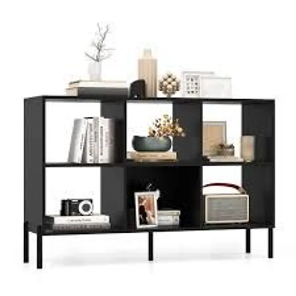 BOXED 6-CUBE STORAGE BOOKCASE WOODEN OPEN BOOKSHELF WITH 5 METAL LEGS - NATURAL 