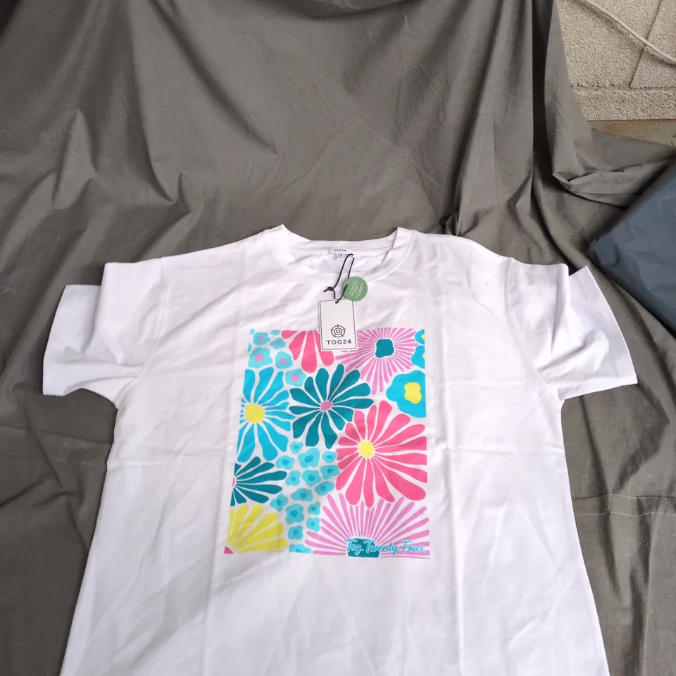 TOG24 WOMEN'S WHITE T-SHIRT WITH COLOURFUL FLOWER PRINT, UK 14