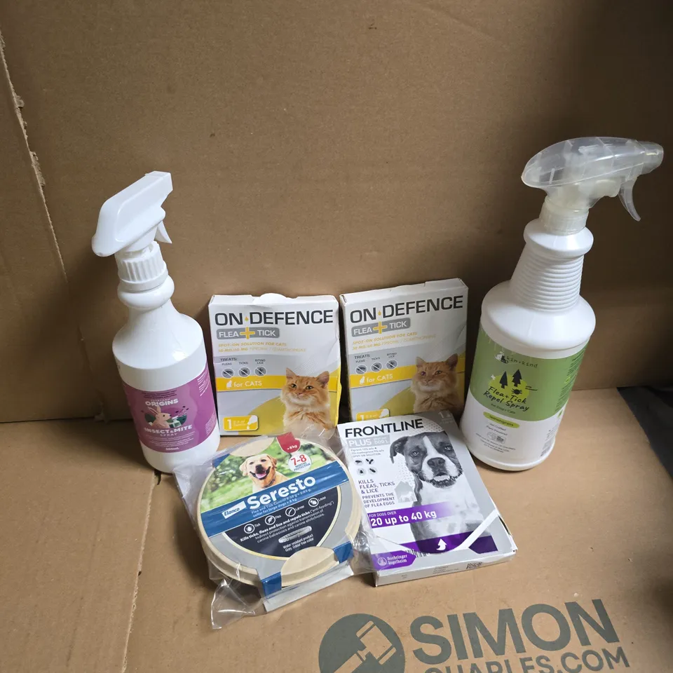 APPROXIMATELY 20 ASSORTED PET CARE PRODUCTS TO INCLUDE INSECT & MITE SPRAY, ON DEFENCE, SERESTO FLEA CONTROL, ETC