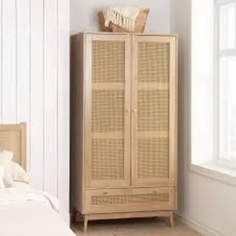 BOXED CROXLEY 2 DOOR 1 DRAWER RATTAN WARDROBE - OAK (2 BOXES)