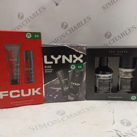 BOX OF APPROXIMATELY 5 ASSORTED BODYSPRAYS AND GIFT SETS TO INCLUDE FCUK, LYNX AND TED BAKER