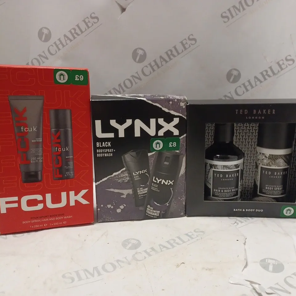 BOX OF APPROXIMATELY 5 ASSORTED BODYSPRAYS AND GIFT SETS TO INCLUDE FCUK, LYNX AND TED BAKER