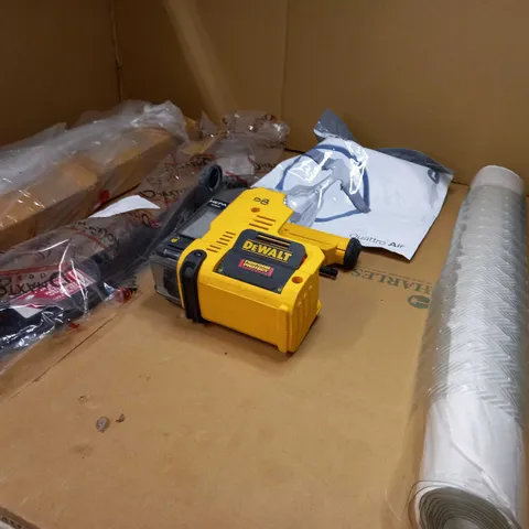 LARGE BOX OF APPROXIMATELY 10 ASSORTED HOUSEHOLD ITEMS TO INCLUDE: ASSORTED BOXED ITEMS, RES MED FACE MASK, DEWALT /HEPA FILTER
