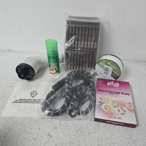 APPROXIMATELY 15 ASSORTED HOUSEHOLD ITEMS TO INCLUDE BROTREE POLYESTER ROPE, AIRUP BESTSELLER PLUS VARIETY MIX, MOSQUITO & INSECT REPELLENT, ETC