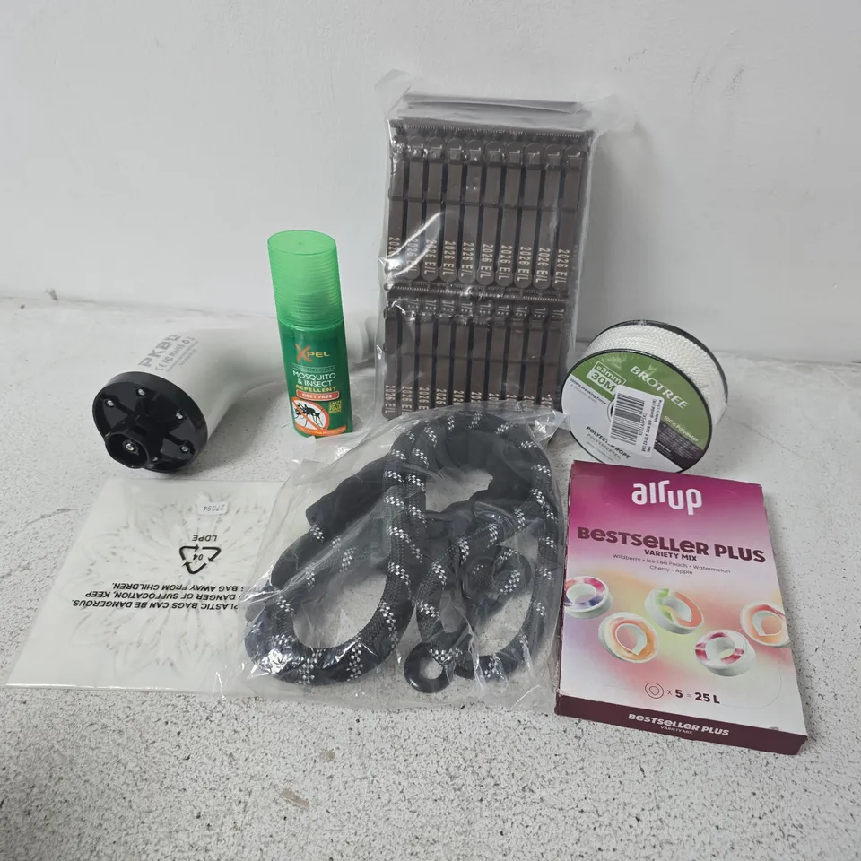 APPROXIMATELY 15 ASSORTED HOUSEHOLD ITEMS TO INCLUDE BROTREE POLYESTER ROPE, AIRUP BESTSELLER PLUS VARIETY MIX, MOSQUITO & INSECT REPELLENT, ETC