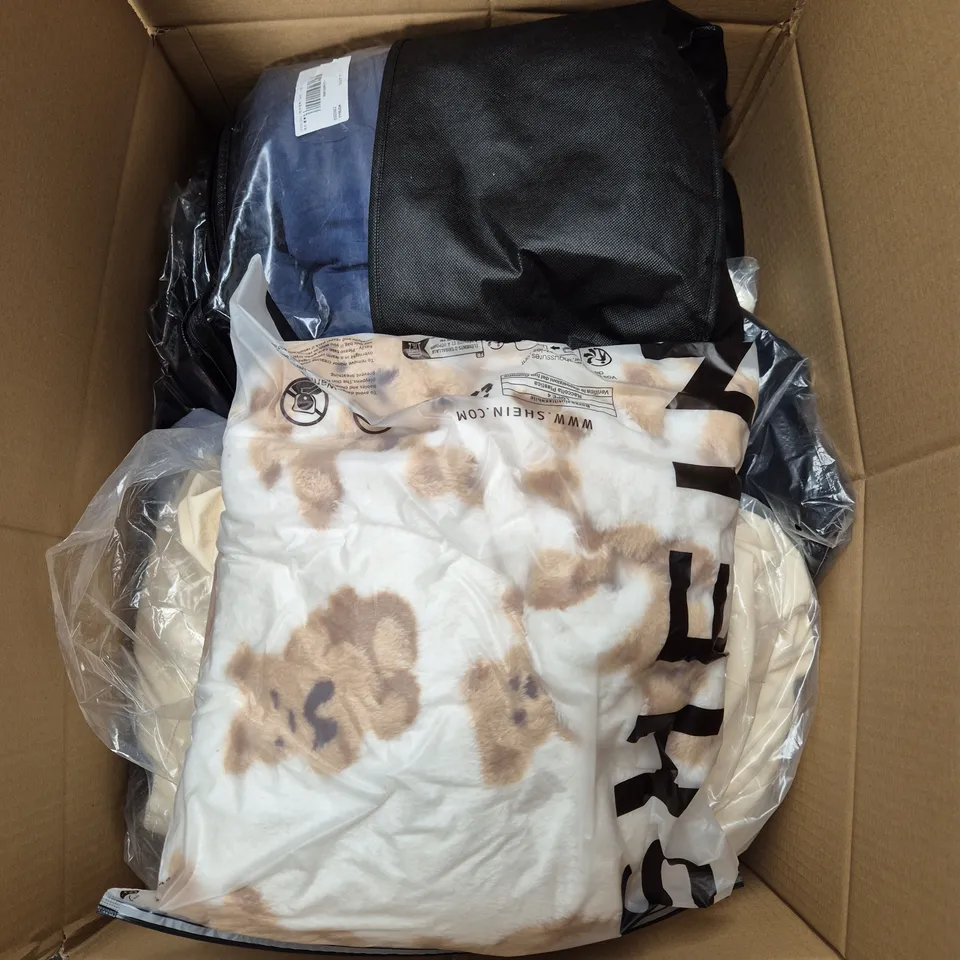 LARGE BOX OF ASSORTED CLOTHING ITEMS IN VARIOUS SIZES, STYLES AND COLOUR 