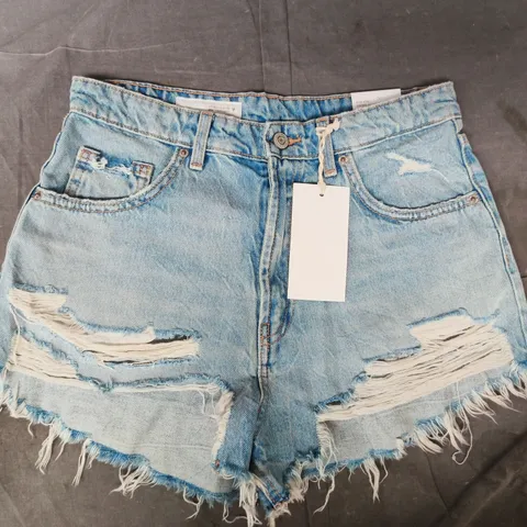 ZARA HIGH-RISE CURVED DISTRESSED/FRAYED DENIM SHORTS IN BLUE SIZE UK 10