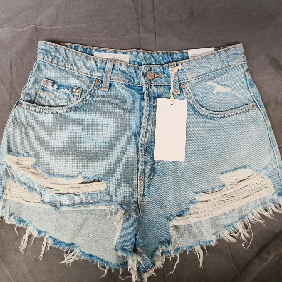 ZARA HIGH-RISE CURVED DISTRESSED/FRAYED DENIM SHORTS IN BLUE SIZE UK 10