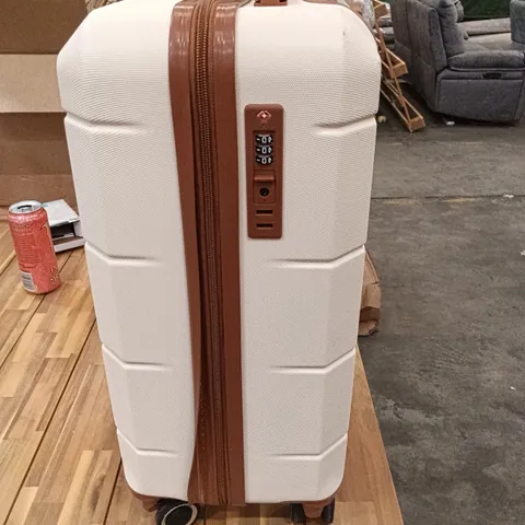 UNBOXED KEPLIN LUGG 15 INCH TRAVEL SUITCASE CREAM AND BROWN COLOUR WITH WHEELS AND LOCK NUMBERS 