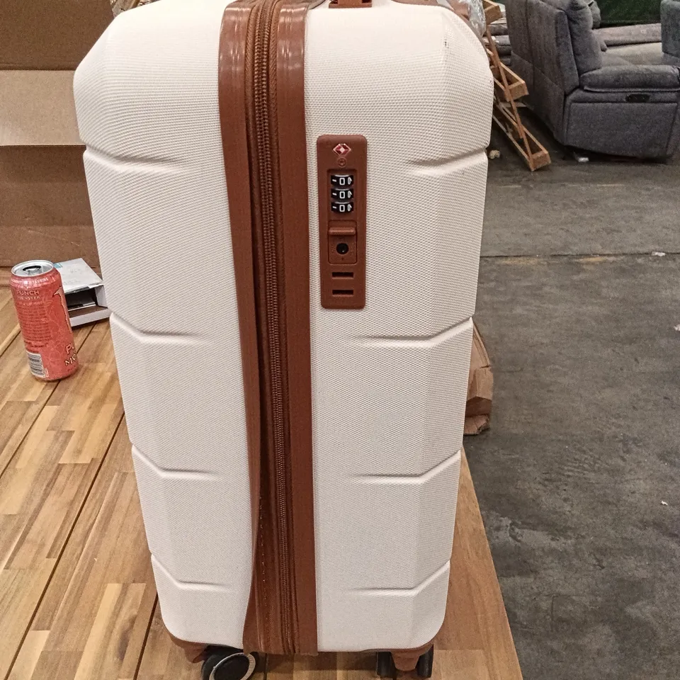 UNBOXED KEPLIN LUGG 15 INCH TRAVEL SUITCASE CREAM AND BROWN COLOUR WITH WHEELS AND LOCK NUMBERS 