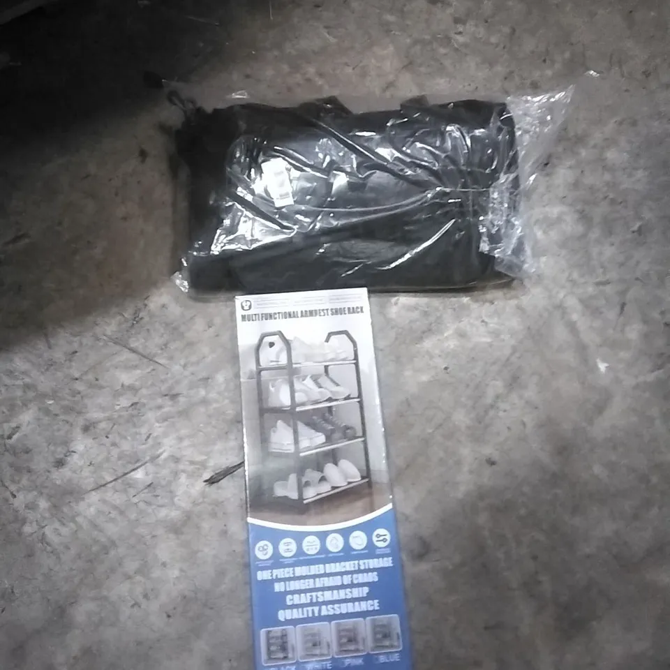 PALLET OF ASSORTED ITEMS TO INCLUDE; GYM BAG, MULTI FUNCTIONAL ARMREST SHOE RACK 