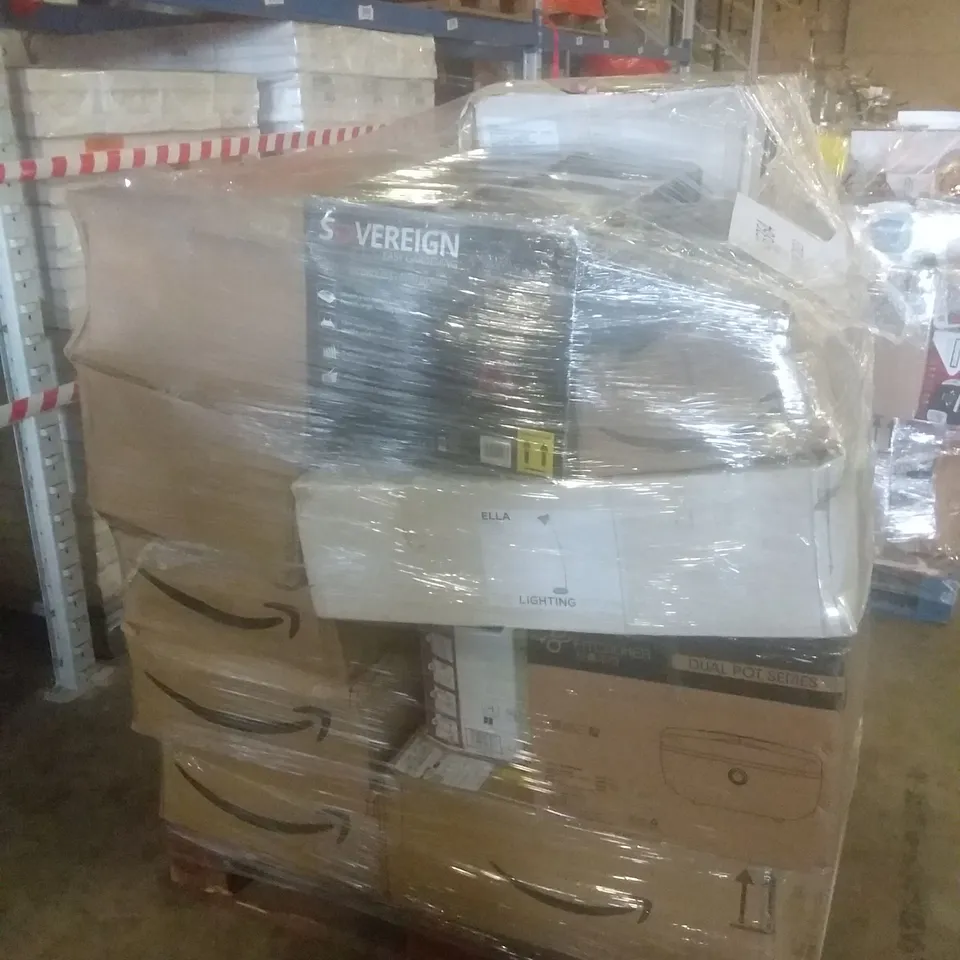 PALLET OF ASSORTED ELECTRICAL ITEMS INCLUDING DUAL FIT COOKER, AIR FRYER, CORDLESS LAWN MOWER, FLOOR LAMP, ELECTRIC WATER HEATER