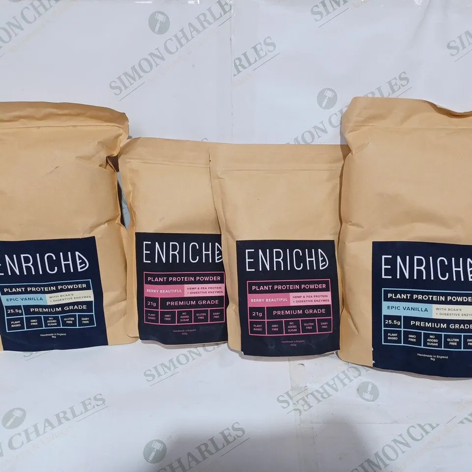BOX TO CONTAIN 4 X ASSORTED BAGS OF ENRICHD PLANT PROTEIN POWDER. FLAVOURS INCLUDE EPIC VANILLA, BERRY BEAUTIFUL 